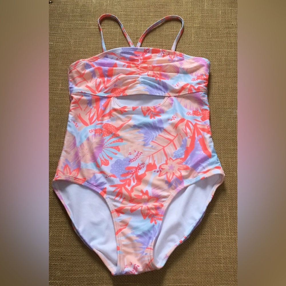 Girls Art Class Tropical Floral One Piece Crossback Swimsuit Size XL (14) -K604